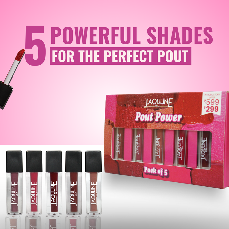 Jaquline USA Pout Power Set of 5 Liquid Lipstick | Waterproof | Smudge Proof | Transfer Proof |Long Lasting | Hydrating & Lightweight| (5x1.25ml)