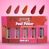 Jaquline USA Pout Power Set of 5 Liquid Lipstick | Waterproof | Smudge Proof | Transfer Proof |Long Lasting | Hydrating & Lightweight| (5x1.25ml)