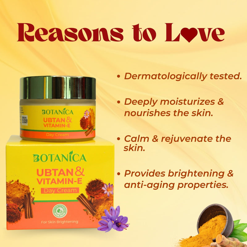 BOTANICA Ubtan & Vitamin E Day Cream 50 - Lightweight, Skin Brightening Cream, Infused with Saffron and Sandalwood Extract, 50ML