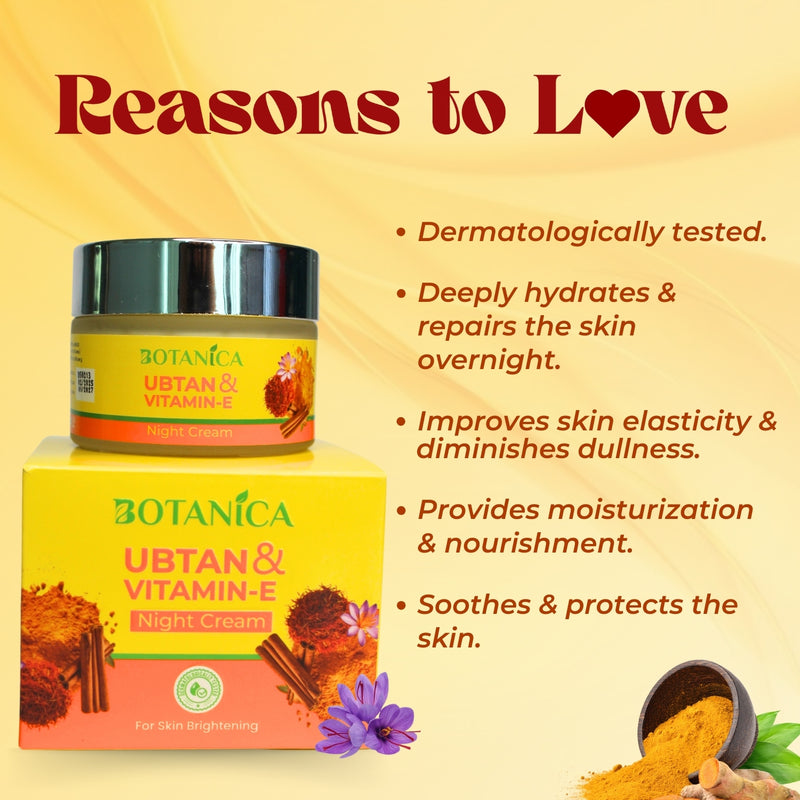 BOTANICA Ubtan & Vitamin E Night Cream - Lightweight, Skin Brightening Cream, Infused with Niacinamide and Sandalwood Extract, 50ML