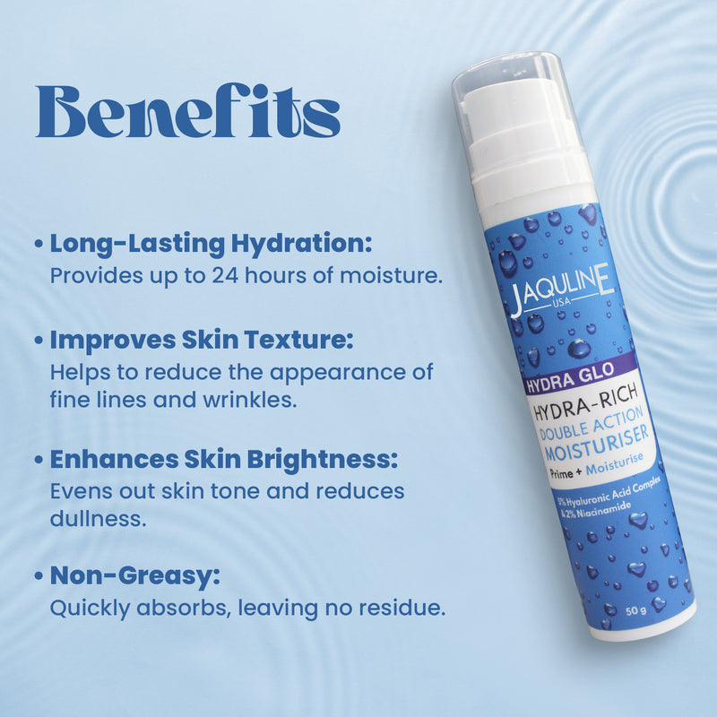 Jaquline USA Hydra Glo Hydra-Rich Double Action Moisturizer | Hydration, Brightening & Non-Greasy | 50 G