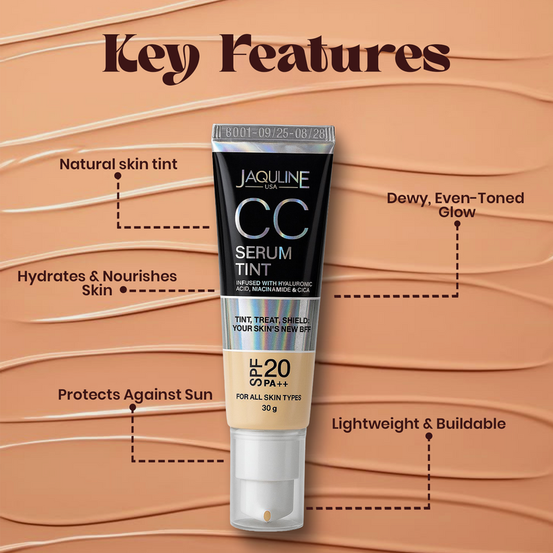 Jaquline USA CC Serum Tint 30g – Hydrating Tinted Serum with SPF, Niacinamide & Hyaluronic Acid, Honey 02