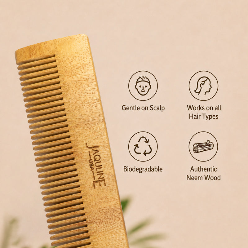 JAQULINE USA Neem Wood Hair Comb Wooden Comb for Hair Growth Anti Dandruff Scalp Massage Frizz Control Detangling Natural Herbal Comb for Men Women All Hair Types Eco Friendly Grooming Comb