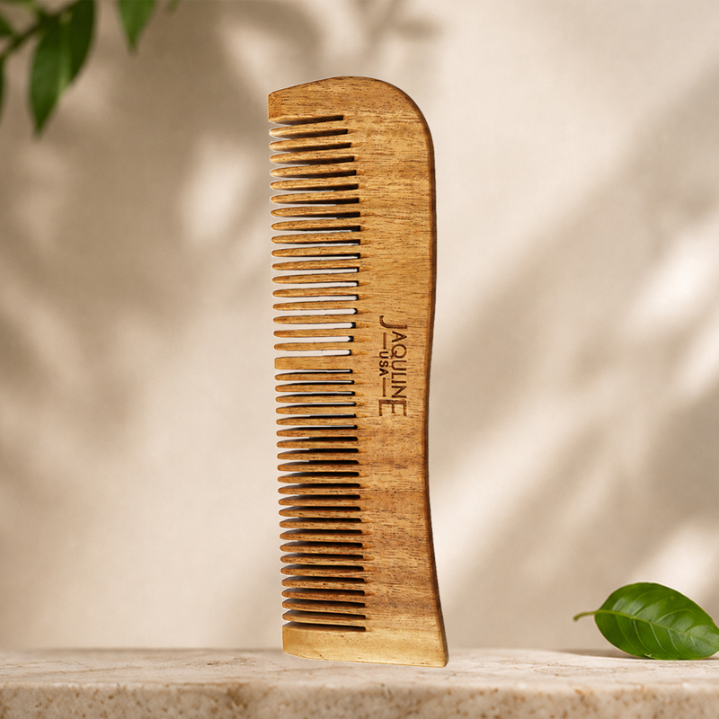 JAQULINE USA Neem Wood 2 in 1 Hair Comb Dual Tooth Wide & Fine Tooth Wooden Comb for Detangling Hair Growth Anti Dandruff Scalp Massage Frizz Control Natural Comb for Men Women