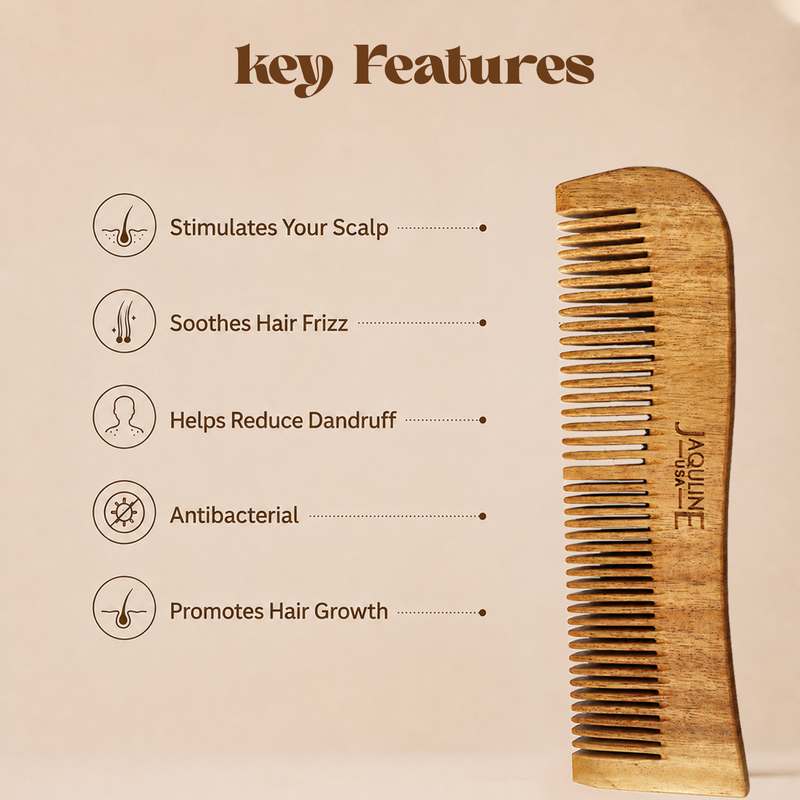 JAQULINE USA Neem Wood 2 in 1 Hair Comb Dual Tooth Wide & Fine Tooth Wooden Comb for Detangling Hair Growth Anti Dandruff Scalp Massage Frizz Control Natural Comb for Men Women