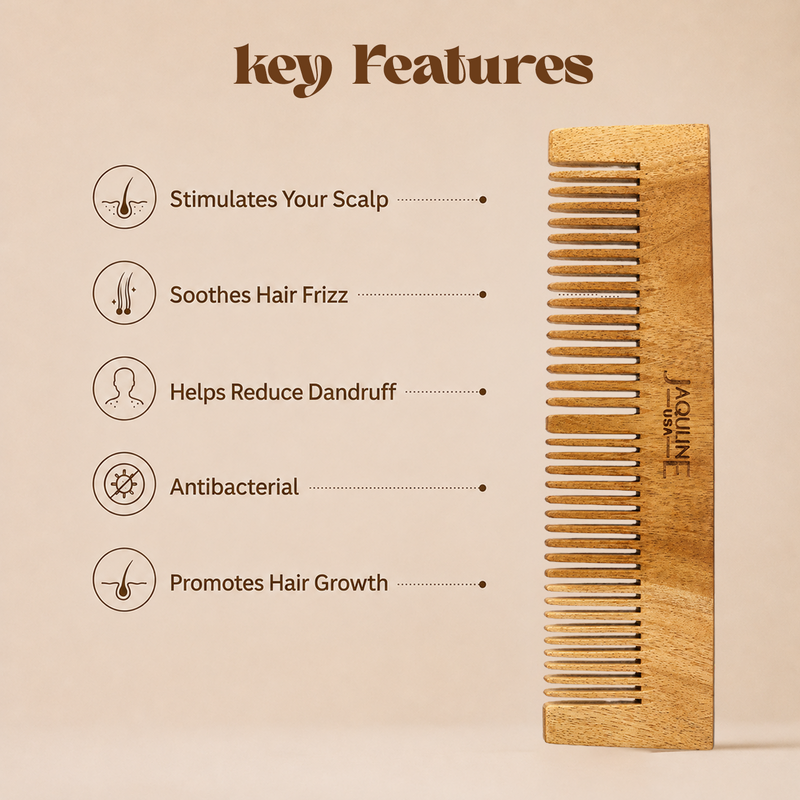 JAQULINE USA Neem Wood Dual Tooth Hair Comb Wide & Fine Tooth Wooden Comb for Hair Growth Anti Dandruff Scalp Massage Detangling Frizz Control Natural Comb for Men Women All Hair Types