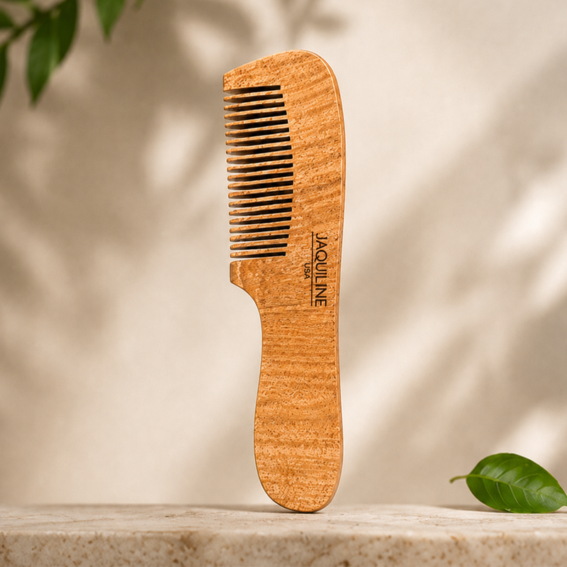 JAQULINE USA Neem Wood Hair Comb with Handle Wooden Comb for Hair Growth Anti Dandruff Scalp Massage Frizz Control Detangling Natural Neem Comb for Men Women All Hair Types Eco Friendly