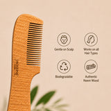 JAQULINE USA Neem Wood Hair Comb with Handle Wooden Comb for Hair Growth Anti Dandruff Scalp Massage Frizz Control Detangling Natural Neem Comb for Men Women All Hair Types Eco Friendly