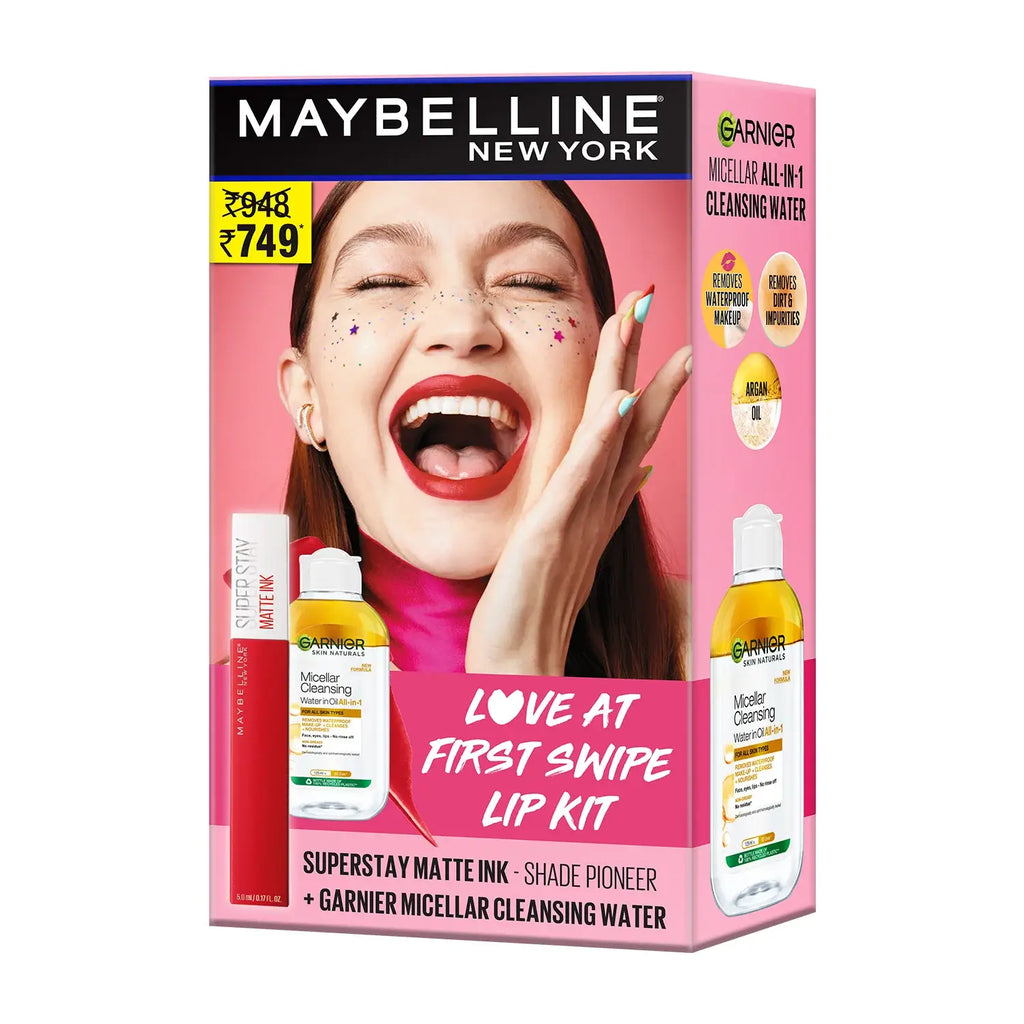 Maybelline New York Love at First Swipe Lip Kit - Superstay Matte Ink Pioneer+ Garnier Biphase Micellar, 130g