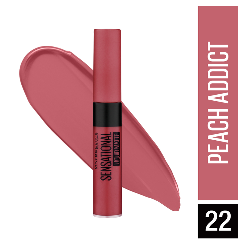 Maybelline New York Sensational Liquid Matte Lipstick, 22 Peach Addict, 7ml - Liquid Lipstick Shades Delivering Intense Matte Color Effect