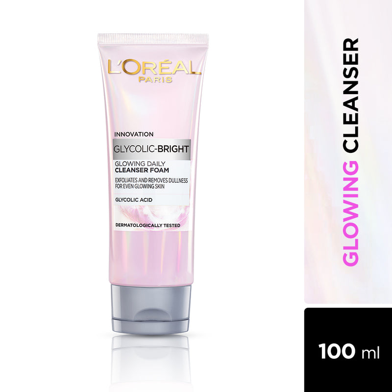L'Oreal Paris Glycolic Bright Daily Foaming Face Cleanser, 100ml | Glycolic Acid Face Wash for Dull Skin | Daily Glowing Facial Cleanser